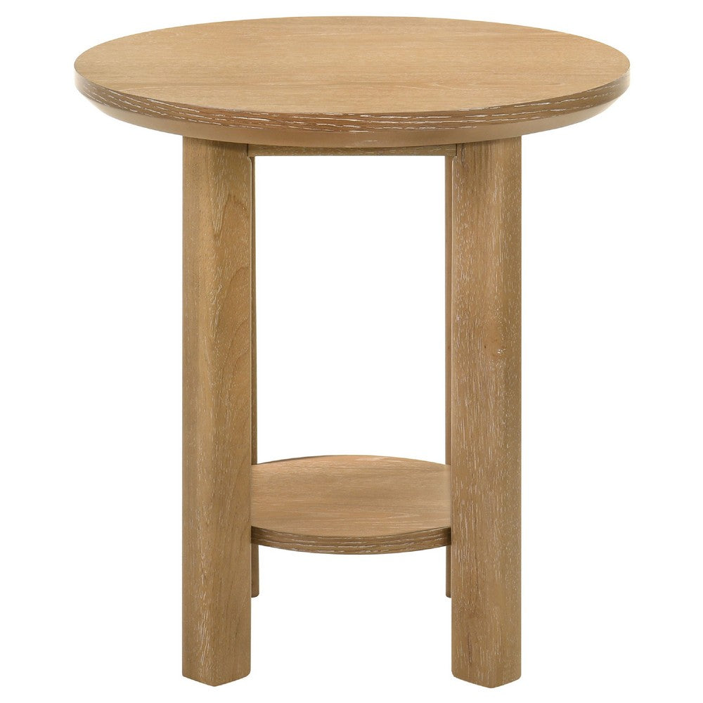 Benjara Clera Round Side End Table with Open Shelf, Light Oak Wood 22Inch