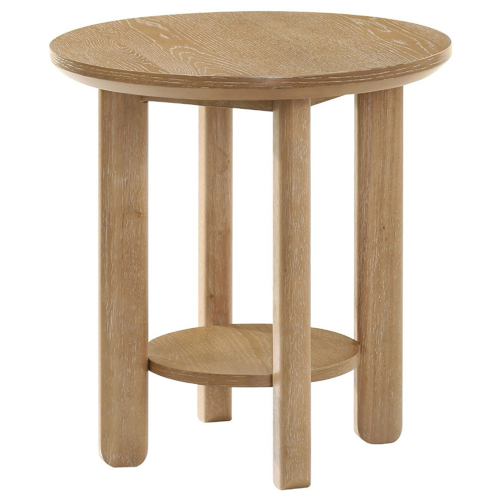 Benjara Clera Round Side End Table with Open Shelf, Light Oak Wood 22Inch