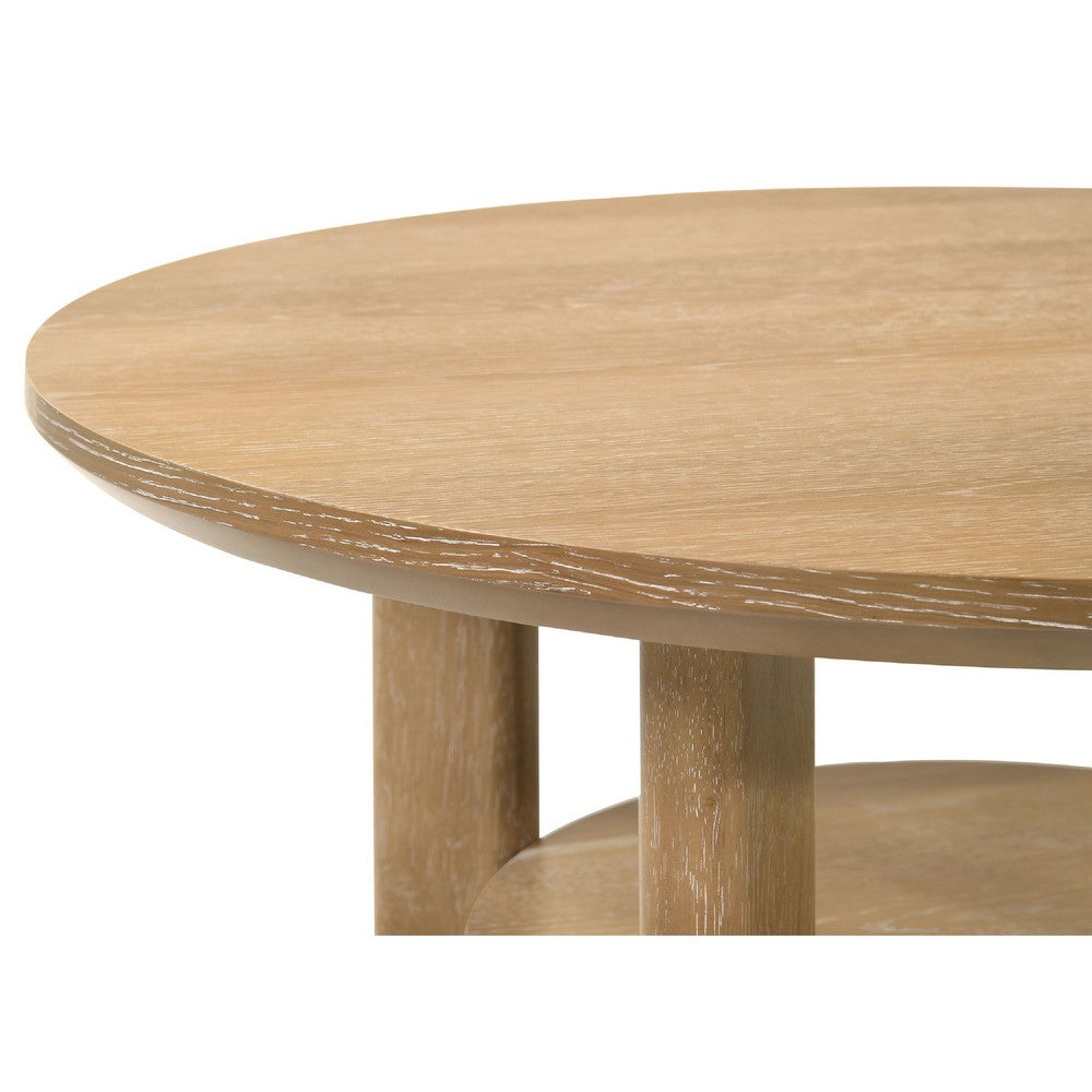 Benjara Clera Round Side End Table with Open Shelf, Light Oak Wood 22Inch