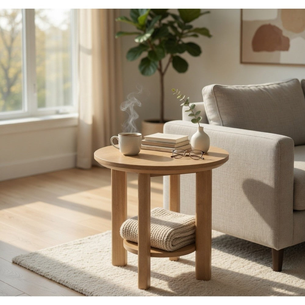 Benjara Clera Round Side End Table with Open Shelf, Light Oak Wood 22Inch