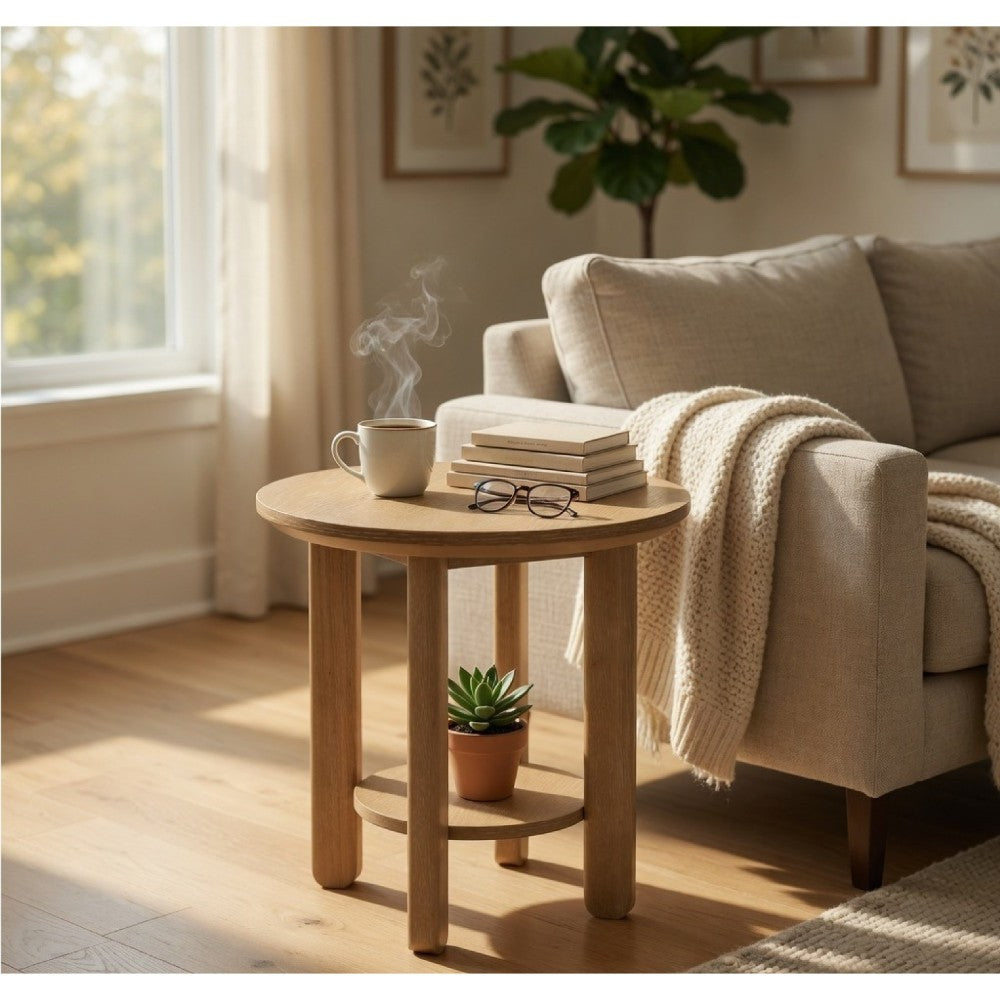 Benjara Clera Round Side End Table with Open Shelf, Light Oak Wood 22Inch