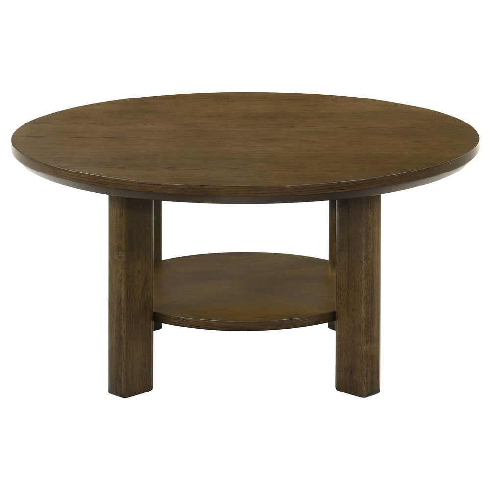 Benjara Clera Round Side End Table with Open Shelf, Light Oak Wood 36 Inch