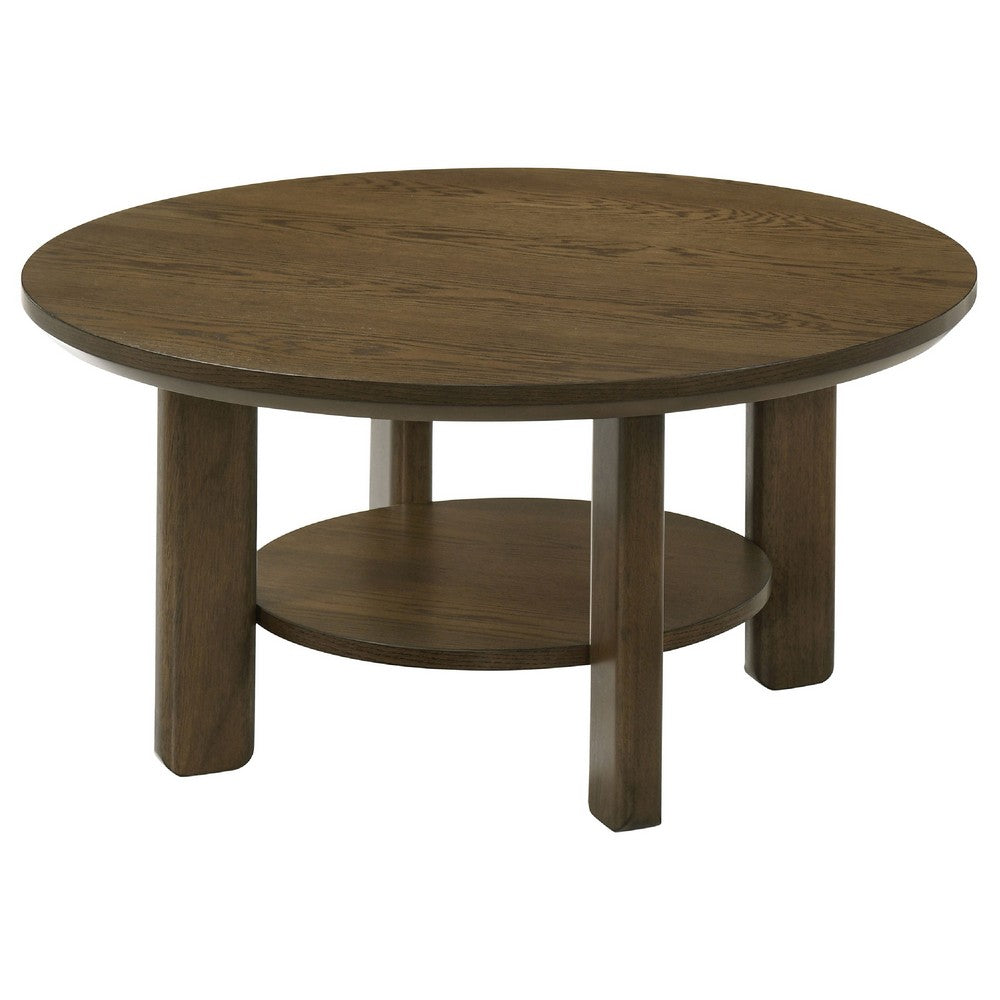 Benjara Clera Round Side End Table with Open Shelf, Light Oak Wood 36 Inch