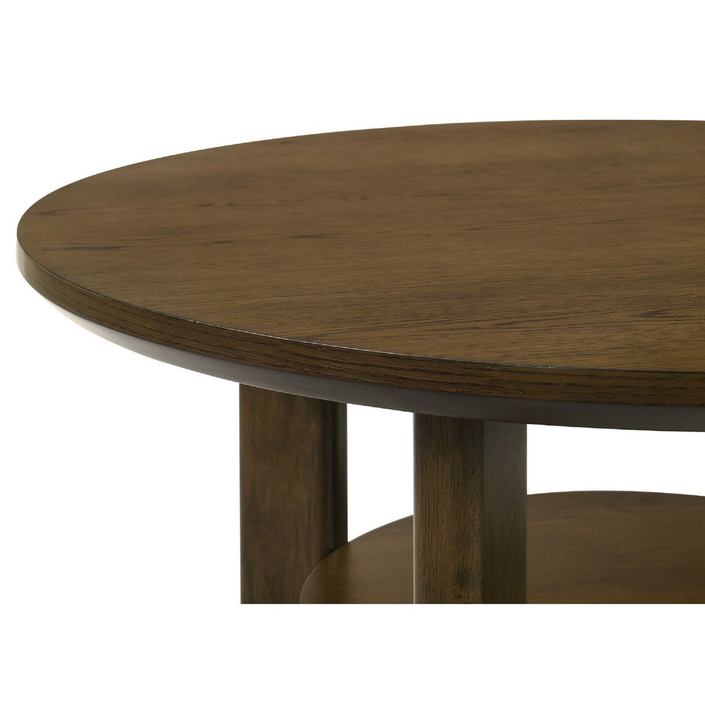 Benjara Clera Round Side End Table with Open Shelf, Light Oak Wood 36 Inch