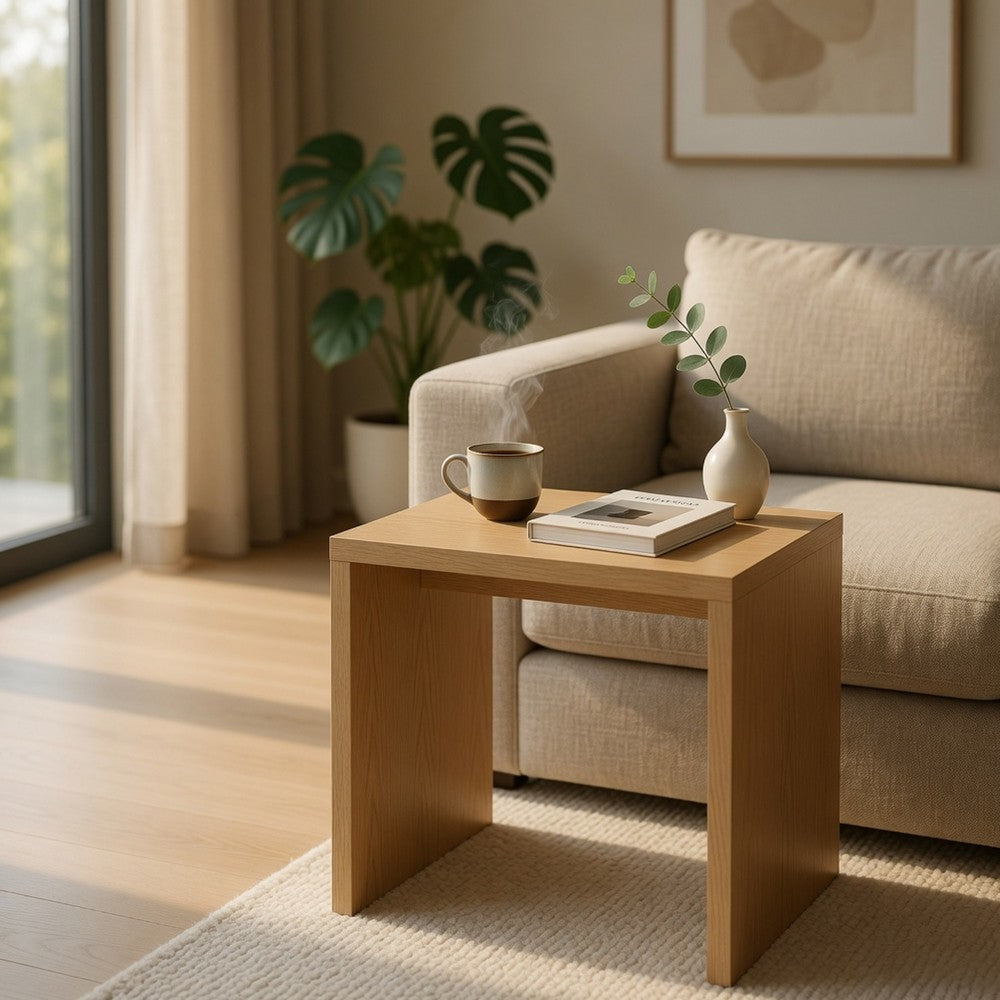 Benjara Kerra Square Side End Table, U-Shape Frame, Light Oak Wood 24 Inch