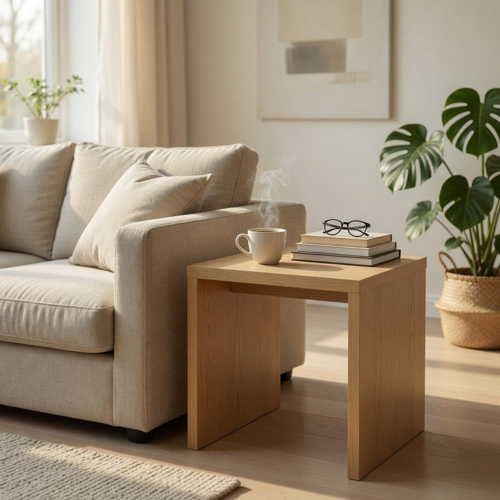 Benjara Kerra Square Side End Table, U-Shape Frame, Light Oak Wood 24 Inch