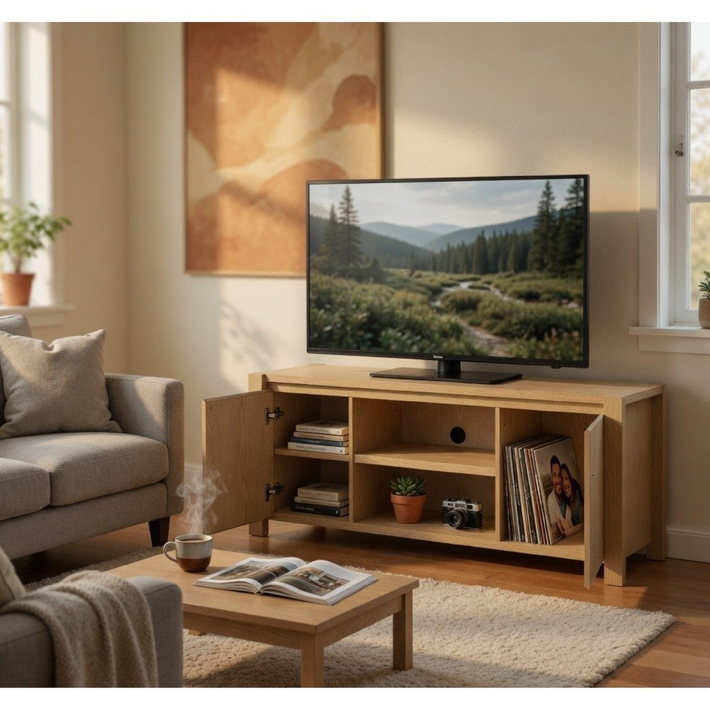 Benjara Laury TV Stand Media Console with Open Shelves, Light Oak Wood 60 Inch