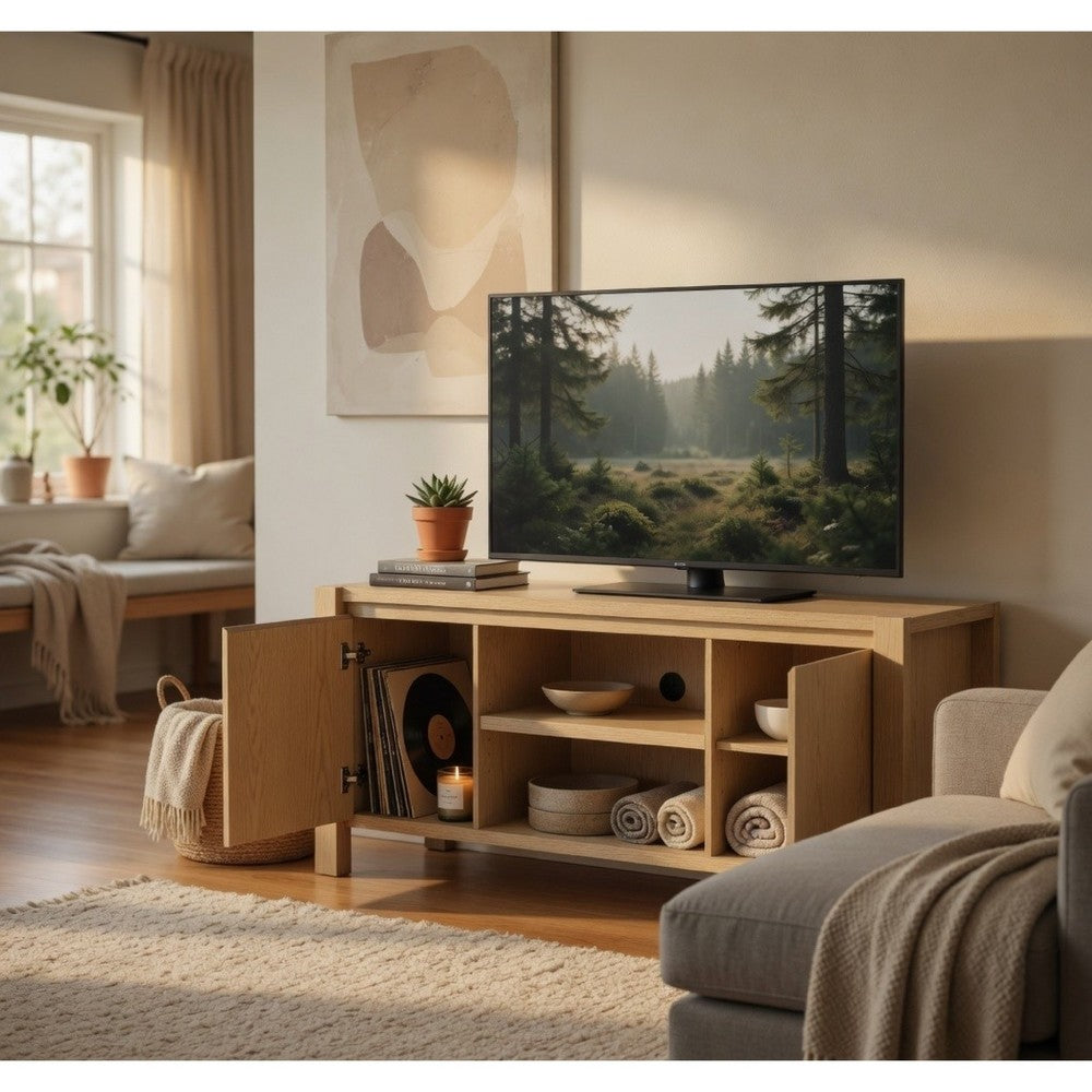 Benjara Laury TV Stand Media Console with Open Shelves, Light Oak Wood 60 Inch