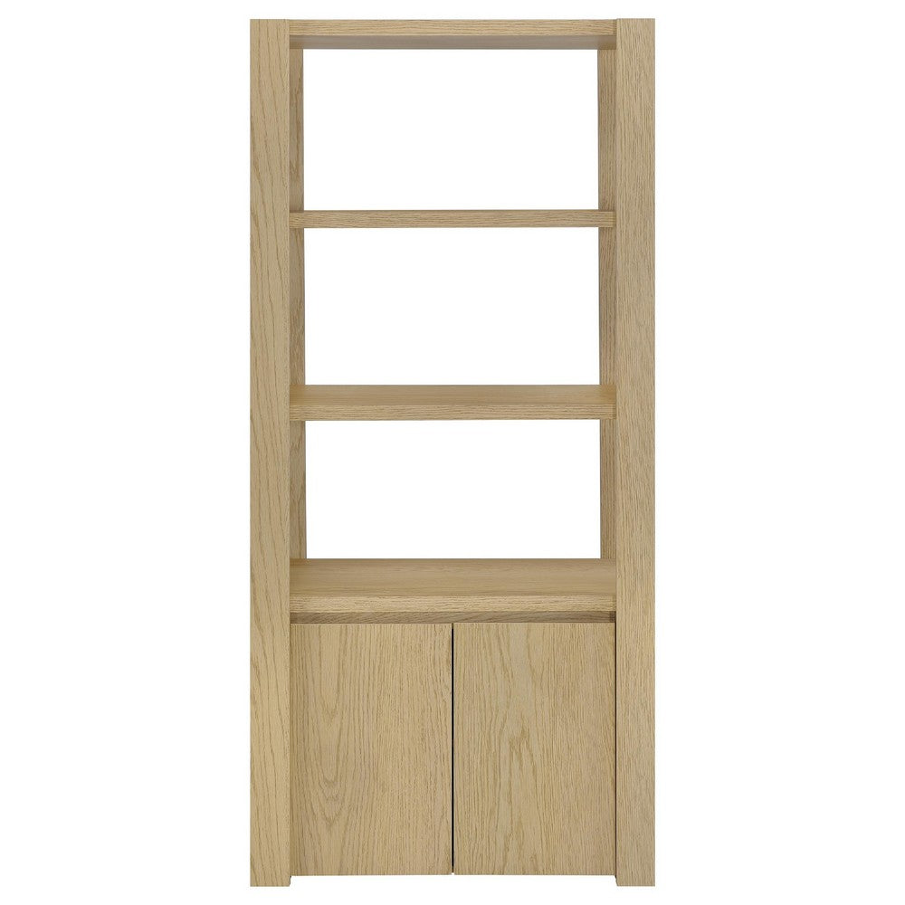 Benjara Laury Media Tower with 3 Open Shelves, 2 Cabinet Doors, Light Oak Wood
