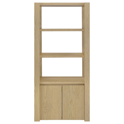 Benjara Laury Media Tower with 3 Open Shelves, 2 Cabinet Doors, Light Oak Wood