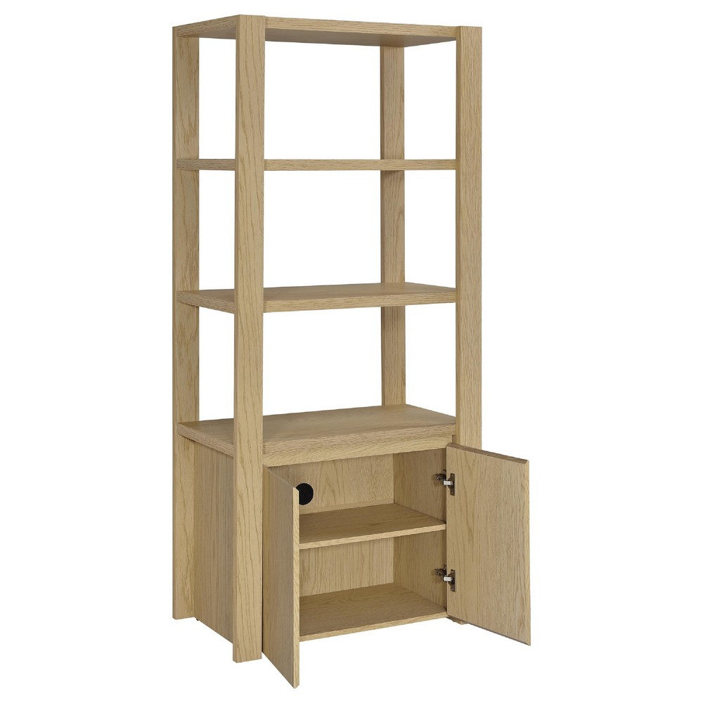 Benjara Laury Media Tower with 3 Open Shelves, 2 Cabinet Doors, Light Oak Wood