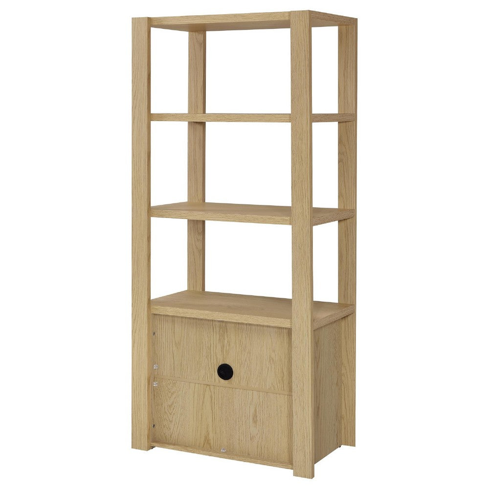 Benjara Laury Media Tower with 3 Open Shelves, 2 Cabinet Doors, Light Oak Wood