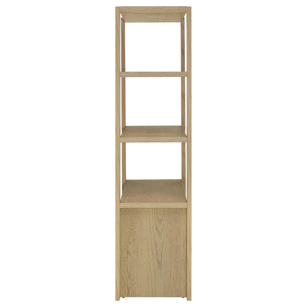 Benjara Laury Media Tower with 3 Open Shelves, 2 Cabinet Doors, Light Oak Wood