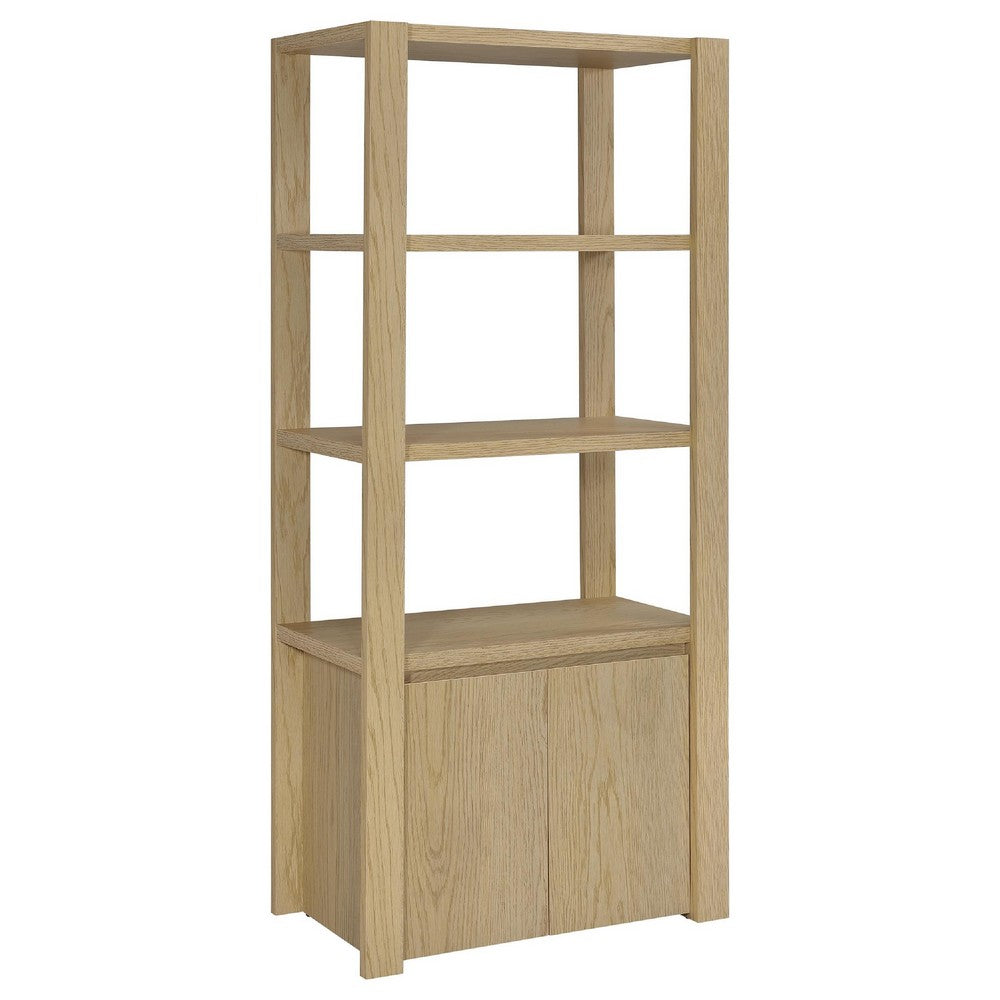 Benjara Laury Media Tower with 3 Open Shelves, 2 Cabinet Doors, Light Oak Wood