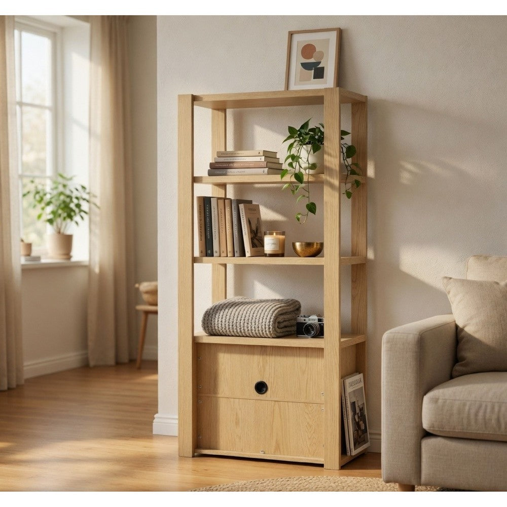 Benjara Laury Media Tower with 3 Open Shelves, 2 Cabinet Doors, Light Oak Wood