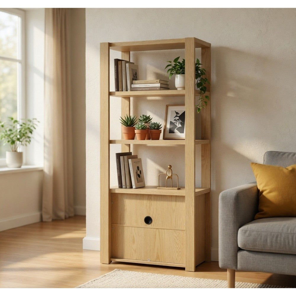Benjara Laury Media Tower with 3 Open Shelves, 2 Cabinet Doors, Light Oak Wood
