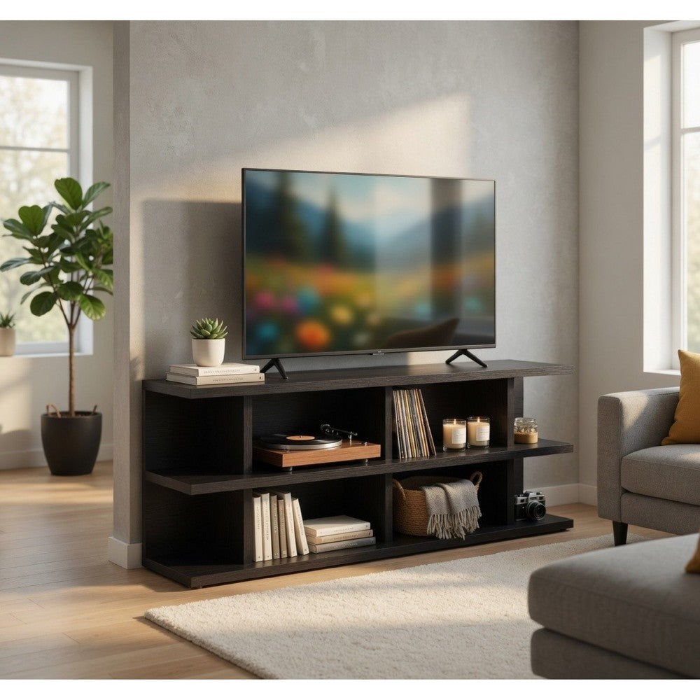 Benjara Carie TV Stand Media Console, 2-Tier Open Shelves, Black Wood 78 Inch