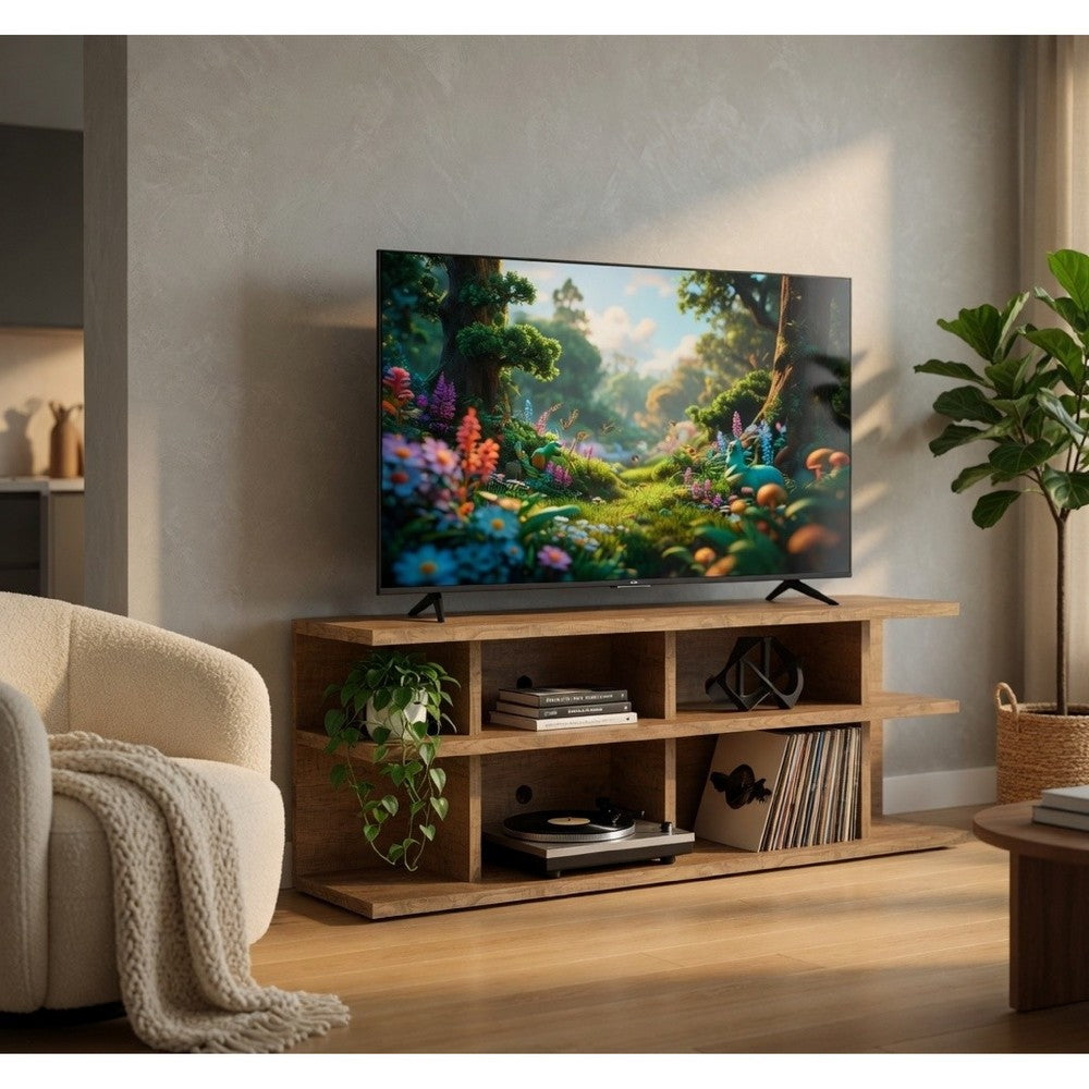 Benjara Carie TV Stand Media Console, 2-Tier Open Shelves, Mango Finish Wood