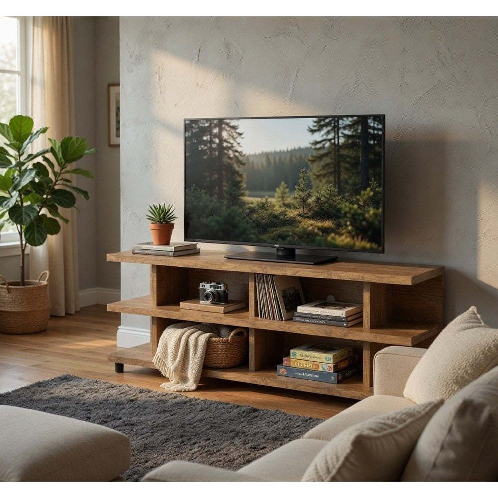 Benjara Carie TV Stand Media Console, 2-Tier Open Shelves, Mango Finish Wood