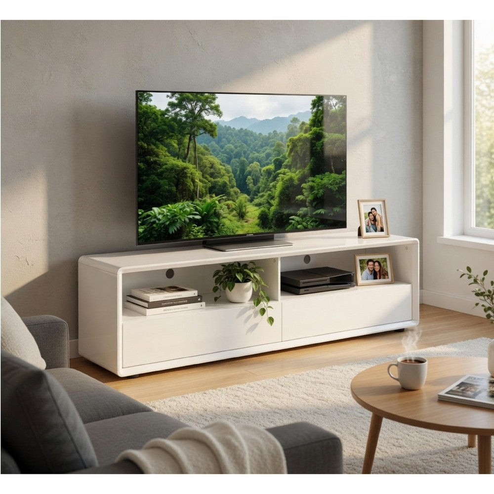 Benjara Siena TV Stand Media Console with 2 Drawers, White Gloss Wood 71 Inch