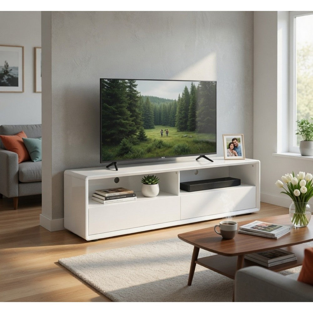 Benjara Siena TV Stand Media Console with 2 Drawers, White Gloss Wood 71 Inch