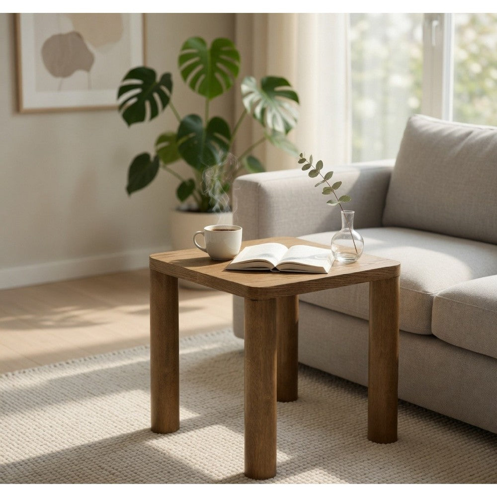 Benjara Givy Square Accent Side End Table, Pillar-Style Legs, Brown Oak 22 Inch