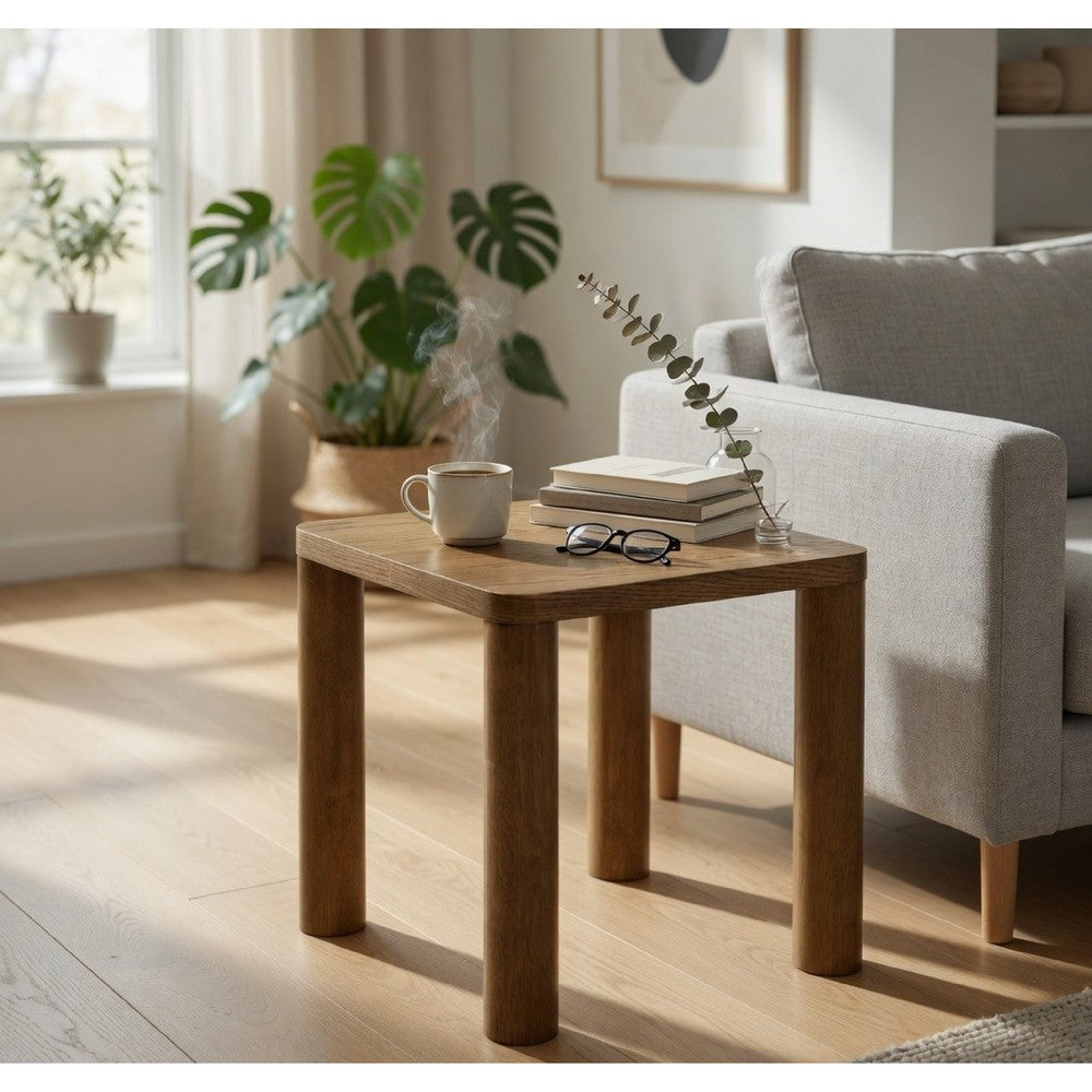 Benjara Givy Square Accent Side End Table, Pillar-Style Legs, Brown Oak 22 Inch