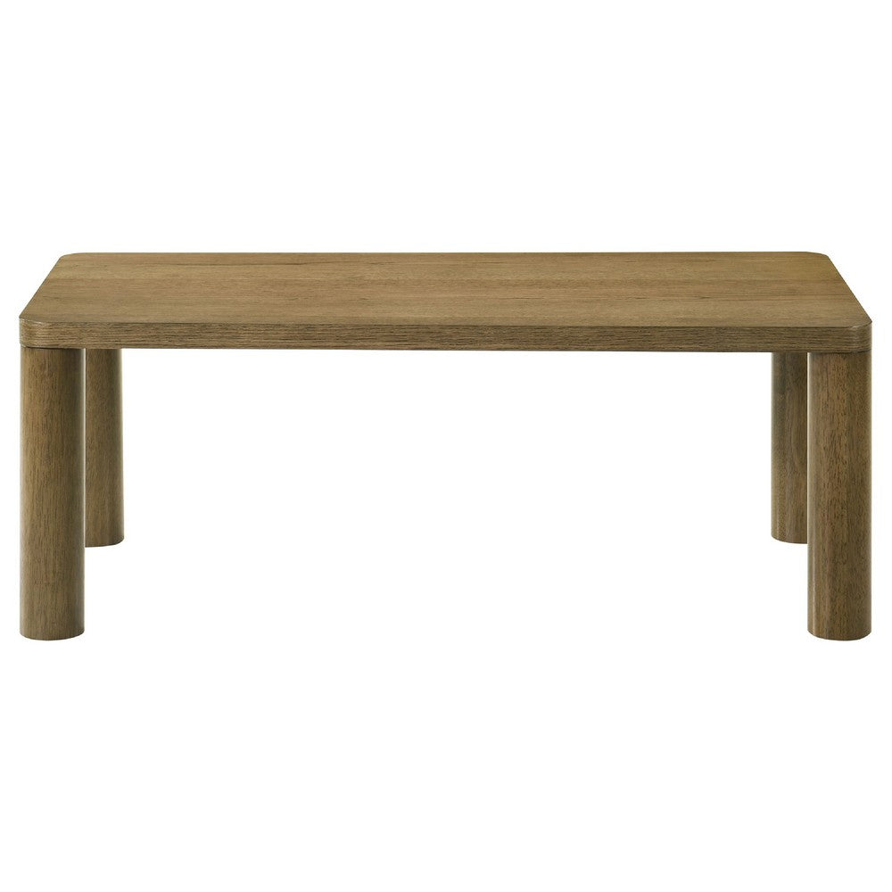 Benjara Givy Cocktail Coffee Table, Pillar-Style Legs, Brown Oak Wood 47 Inch