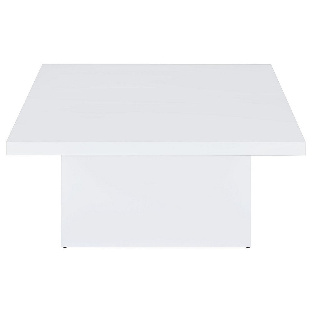 Benjara Darla Square Coffee Table, Block Style Base, White Gloss Wood 36 Inch