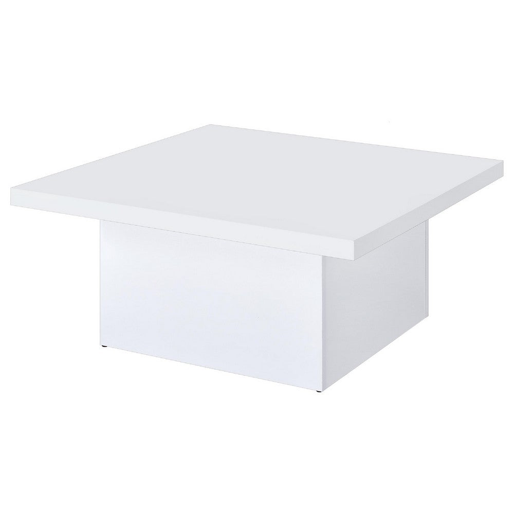 Benjara Darla Square Coffee Table, Block Style Base, White Gloss Wood 36 Inch