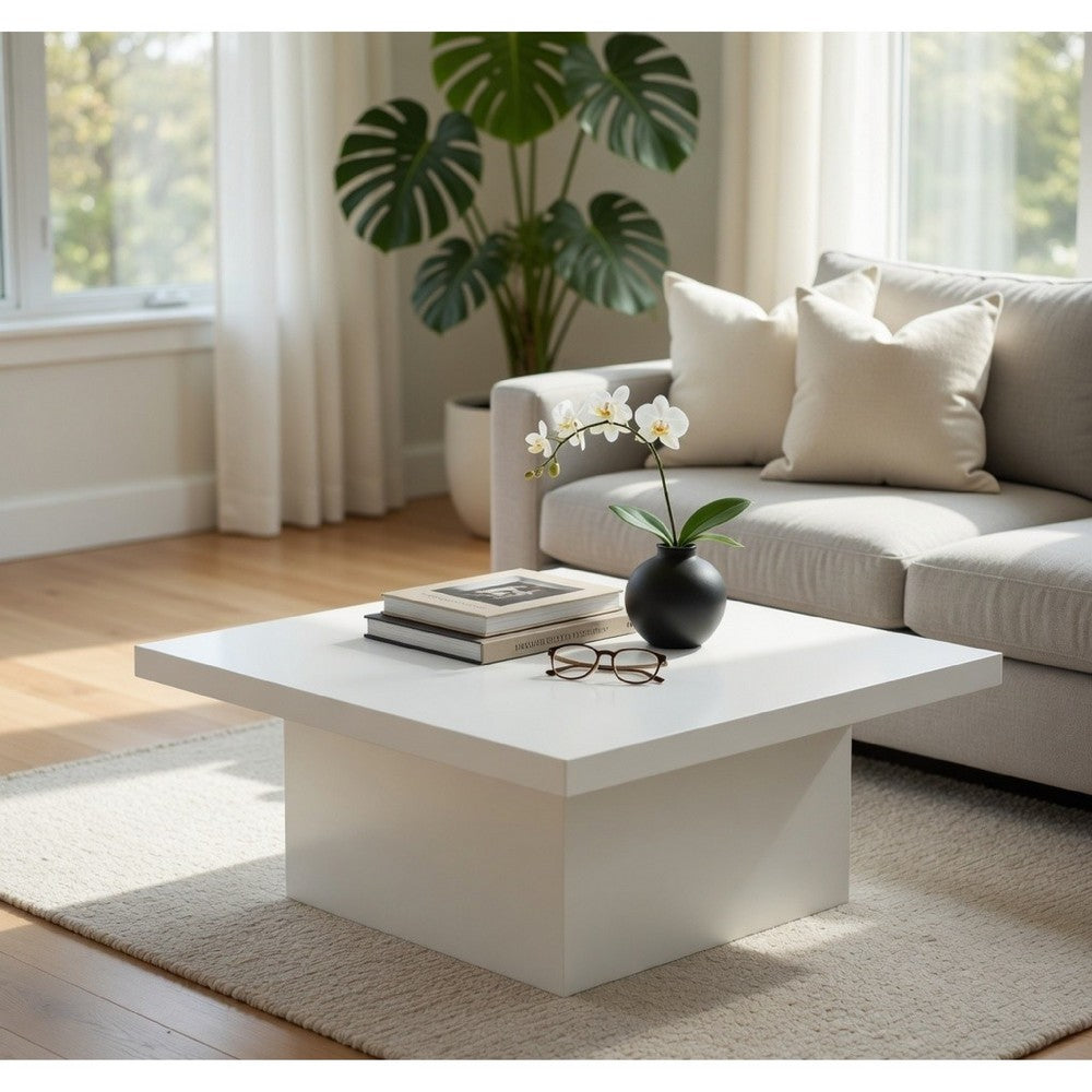 Benjara Darla Square Coffee Table, Block Style Base, White Gloss Wood 36 Inch