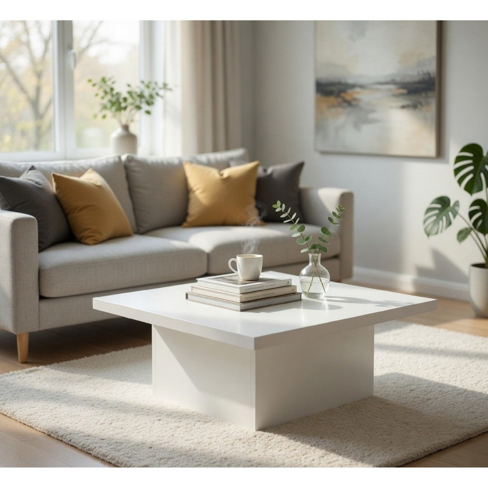 Benjara Darla Square Coffee Table, Block Style Base, White Gloss Wood 36 Inch