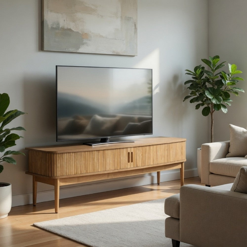 Benjara Elora TV Stand Media Console with Reeded Doors, Brown Wood 71 Inch