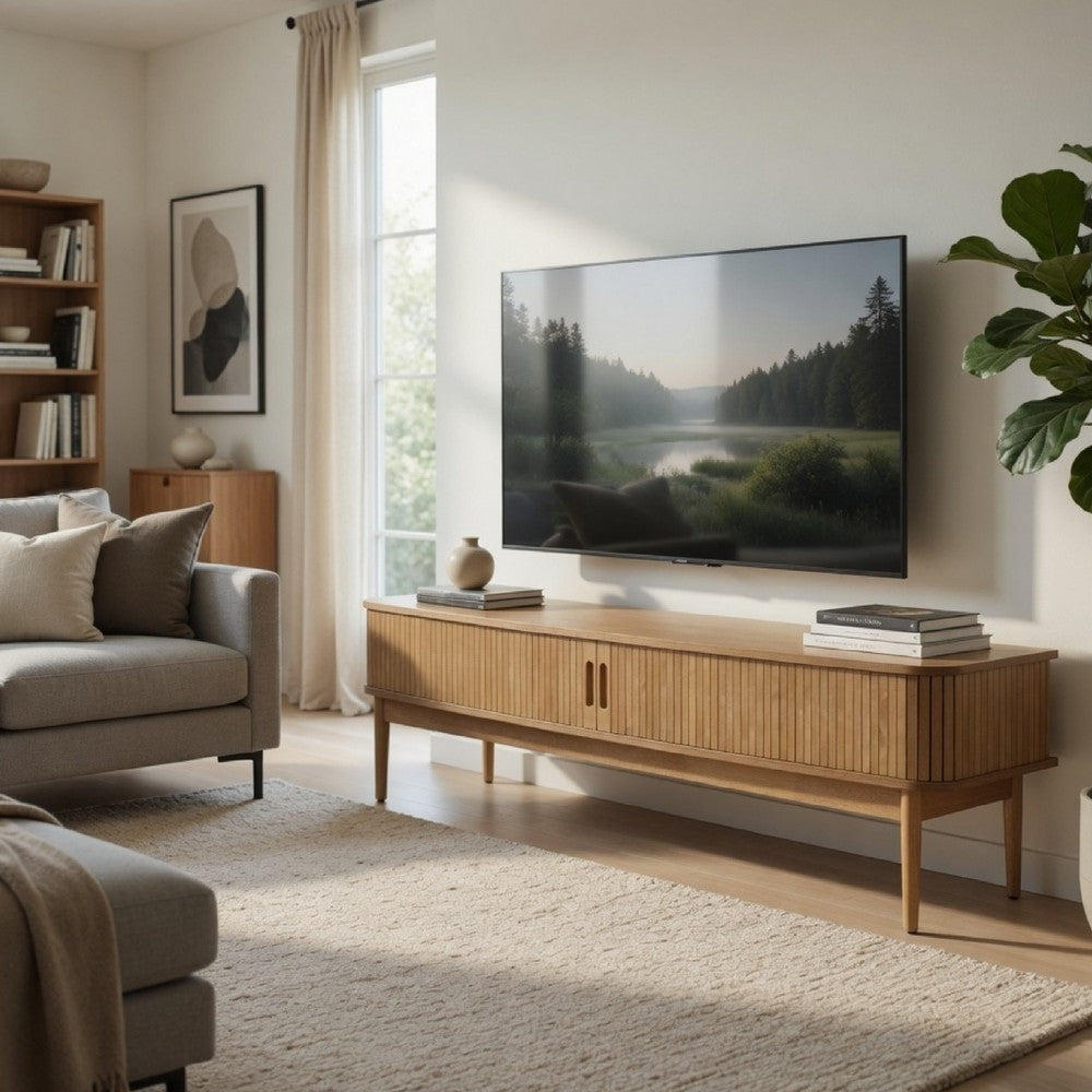 Benjara Elora TV Stand Media Console with Reeded Doors, Brown Wood 71 Inch
