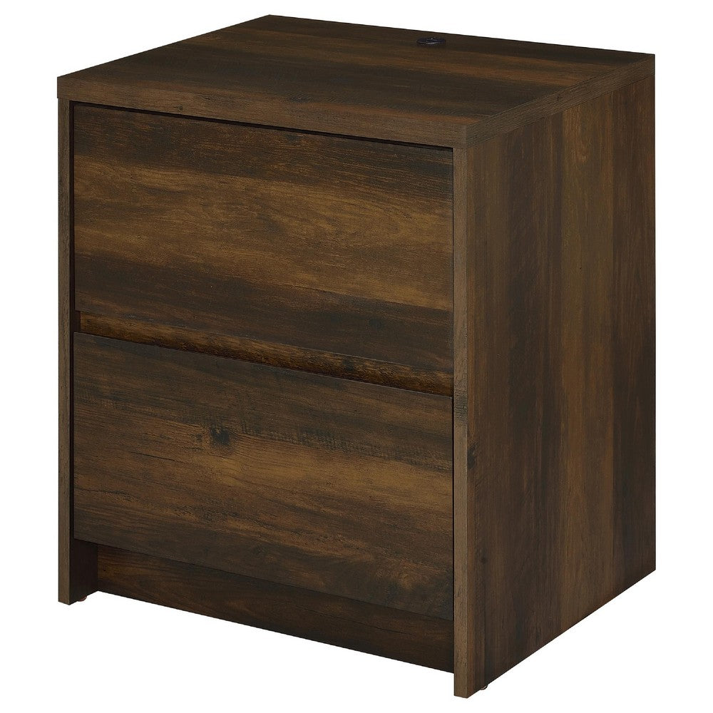 Benjara Park Nightstand, 2 Drawers, LED Light & USB Ports, Dark Pine Brown Wood