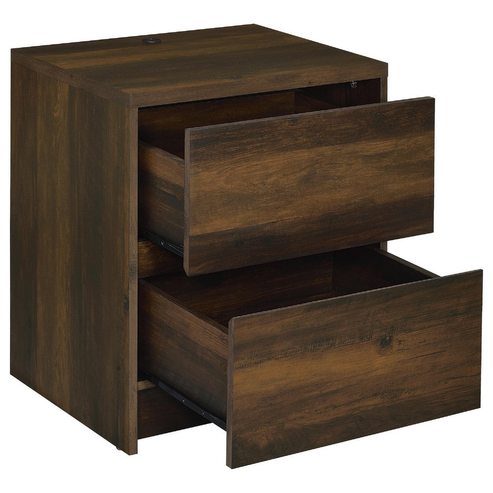 Benjara Park Nightstand, 2 Drawers, LED Light & USB Ports, Dark Pine Brown Wood