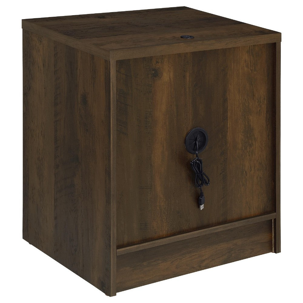 Benjara Park Nightstand, 2 Drawers, LED Light & USB Ports, Dark Pine Brown Wood