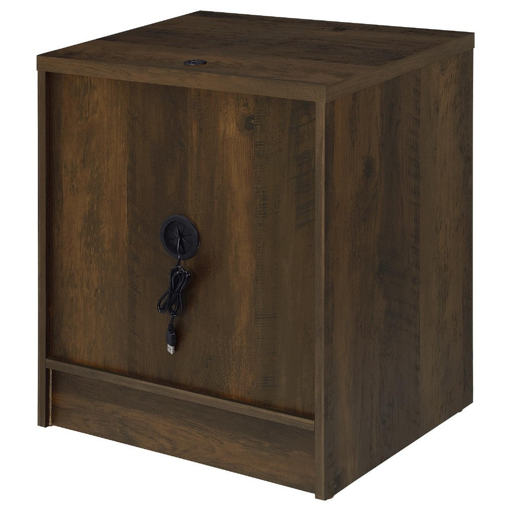 Benjara Park Nightstand, 2 Drawers, LED Light & USB Ports, Dark Pine Brown Wood