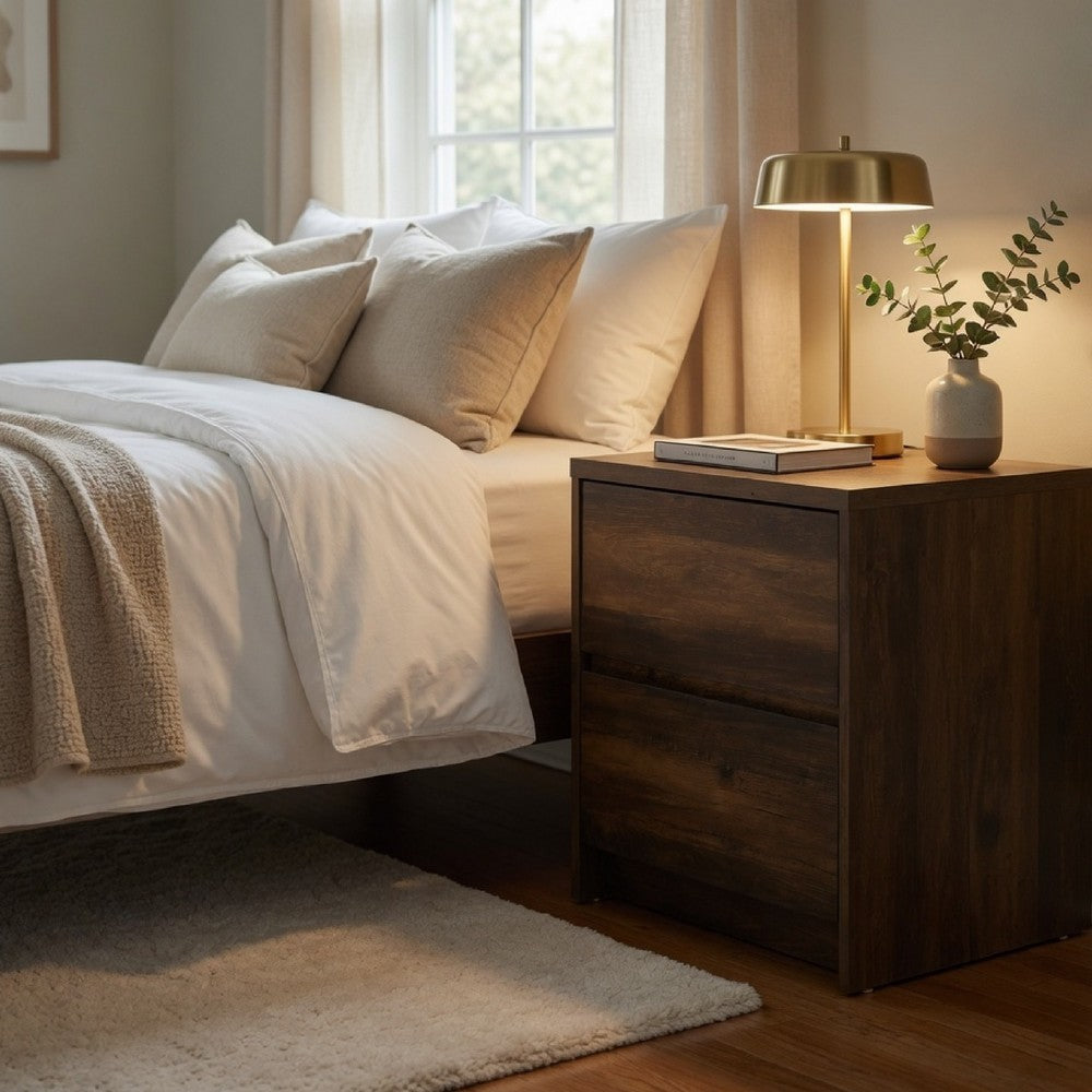 Benjara Park Nightstand, 2 Drawers, LED Light & USB Ports, Dark Pine Brown Wood