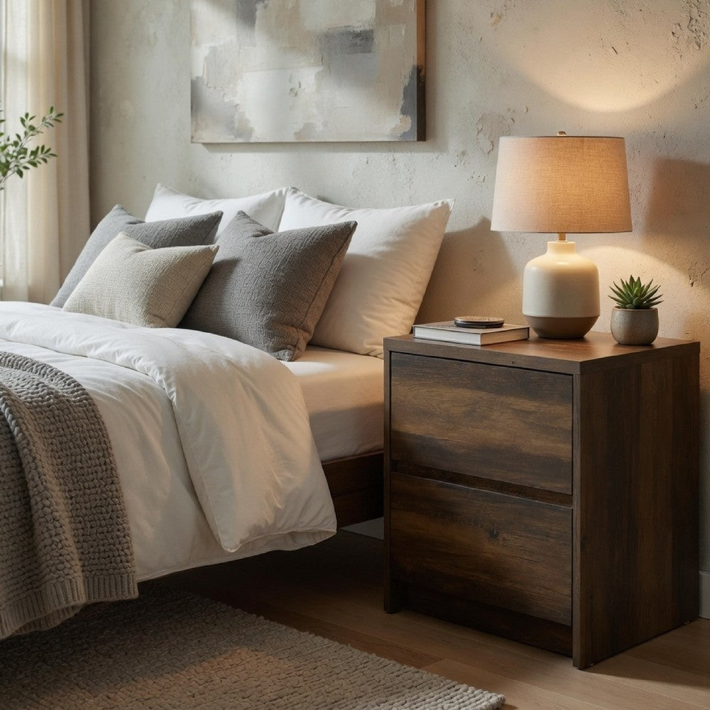 Benjara Park Nightstand, 2 Drawers, LED Light & USB Ports, Dark Pine Brown Wood