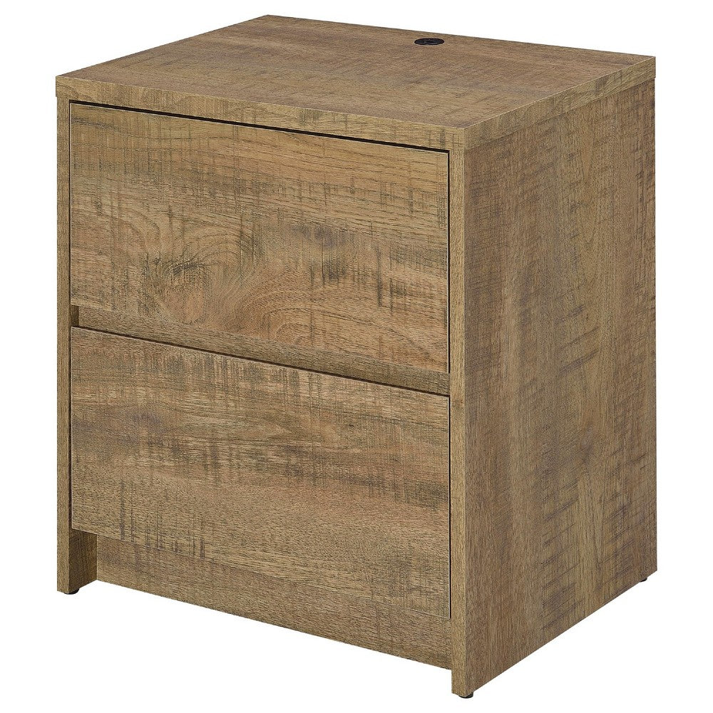 Benjara Park Nightstand, 2 Drawers, LED Light & USB Ports, Mango Brown Finish