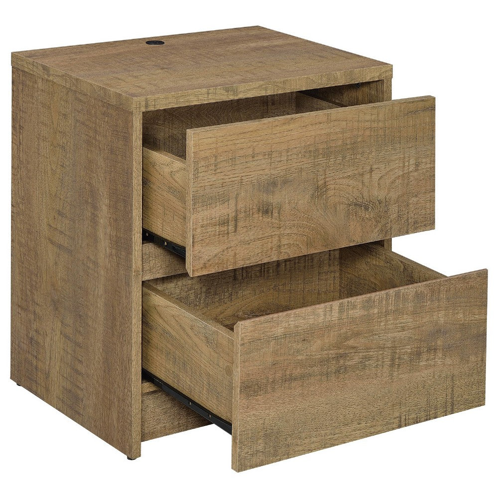 Benjara Park Nightstand, 2 Drawers, LED Light & USB Ports, Mango Brown Finish