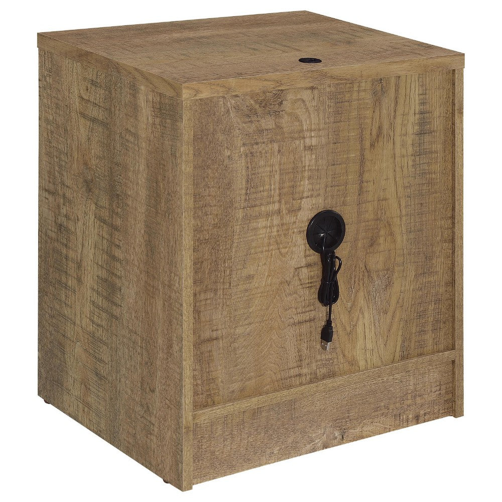 Benjara Park Nightstand, 2 Drawers, LED Light & USB Ports, Mango Brown Finish