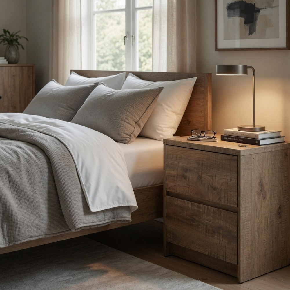 Benjara Park Nightstand, 2 Drawers, LED Light & USB Ports, Mango Brown Finish