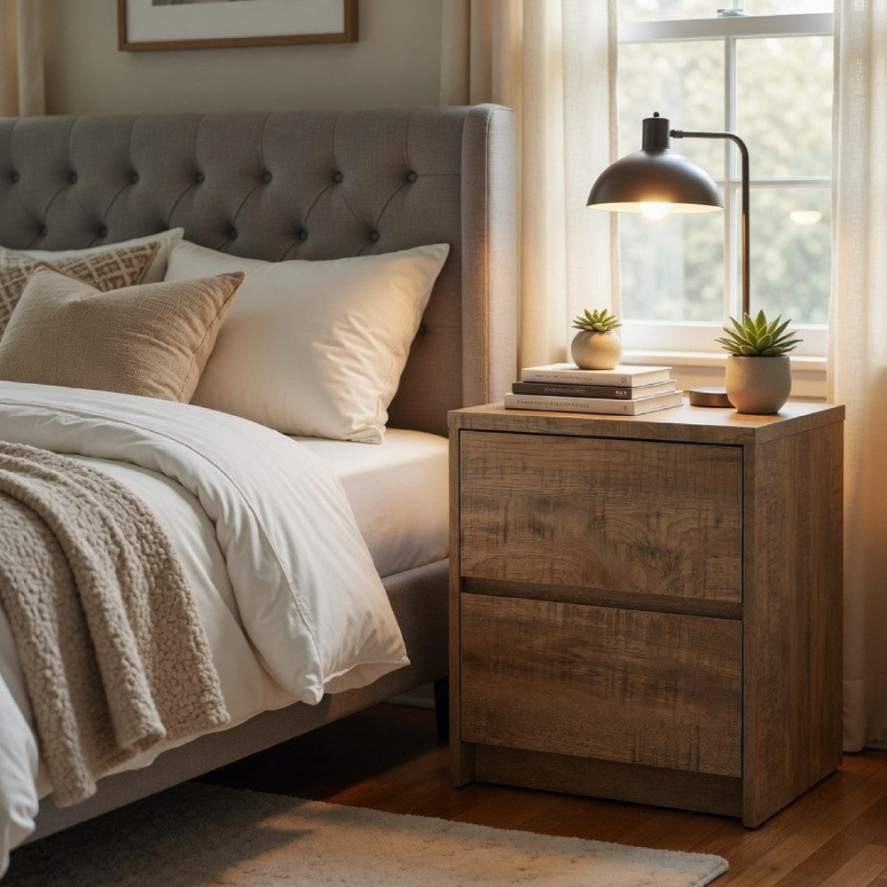 Benjara Park Nightstand, 2 Drawers, LED Light & USB Ports, Mango Brown Finish
