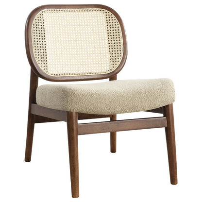 Benjara Necy Accent Chair, Rattan Cane Woven Back, Camel Brown Upholstered Seat