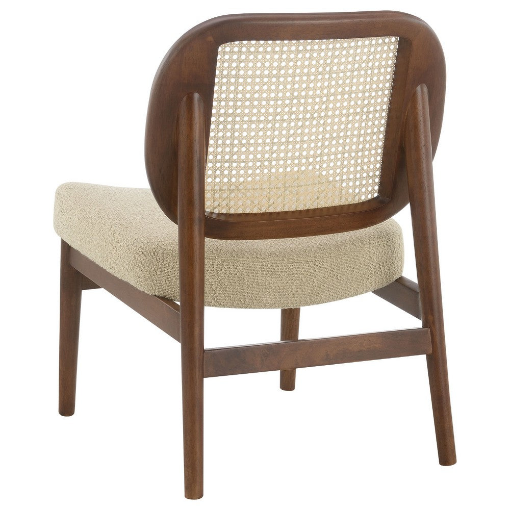 Benjara Necy Accent Chair, Rattan Cane Woven Back, Camel Brown Upholstered Seat