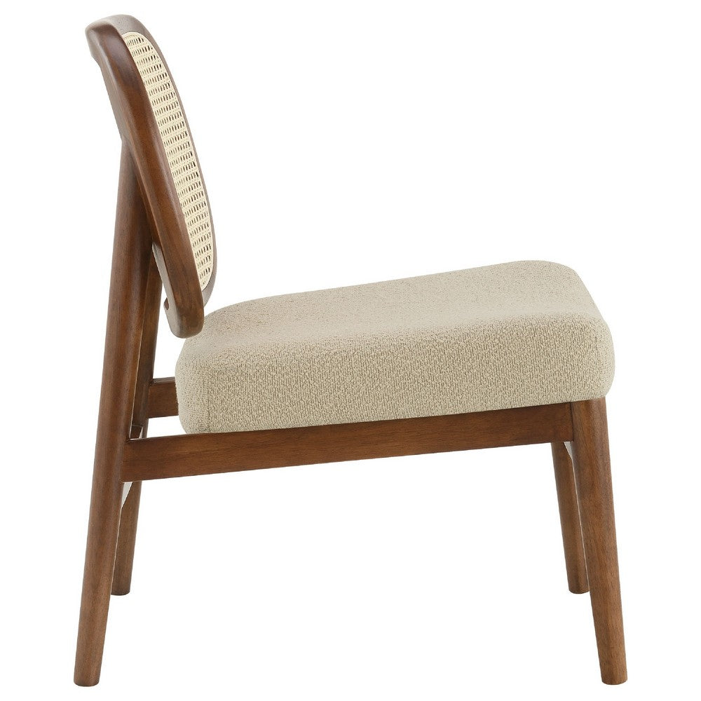 Benjara Necy Accent Chair, Rattan Cane Woven Back, Camel Brown Upholstered Seat