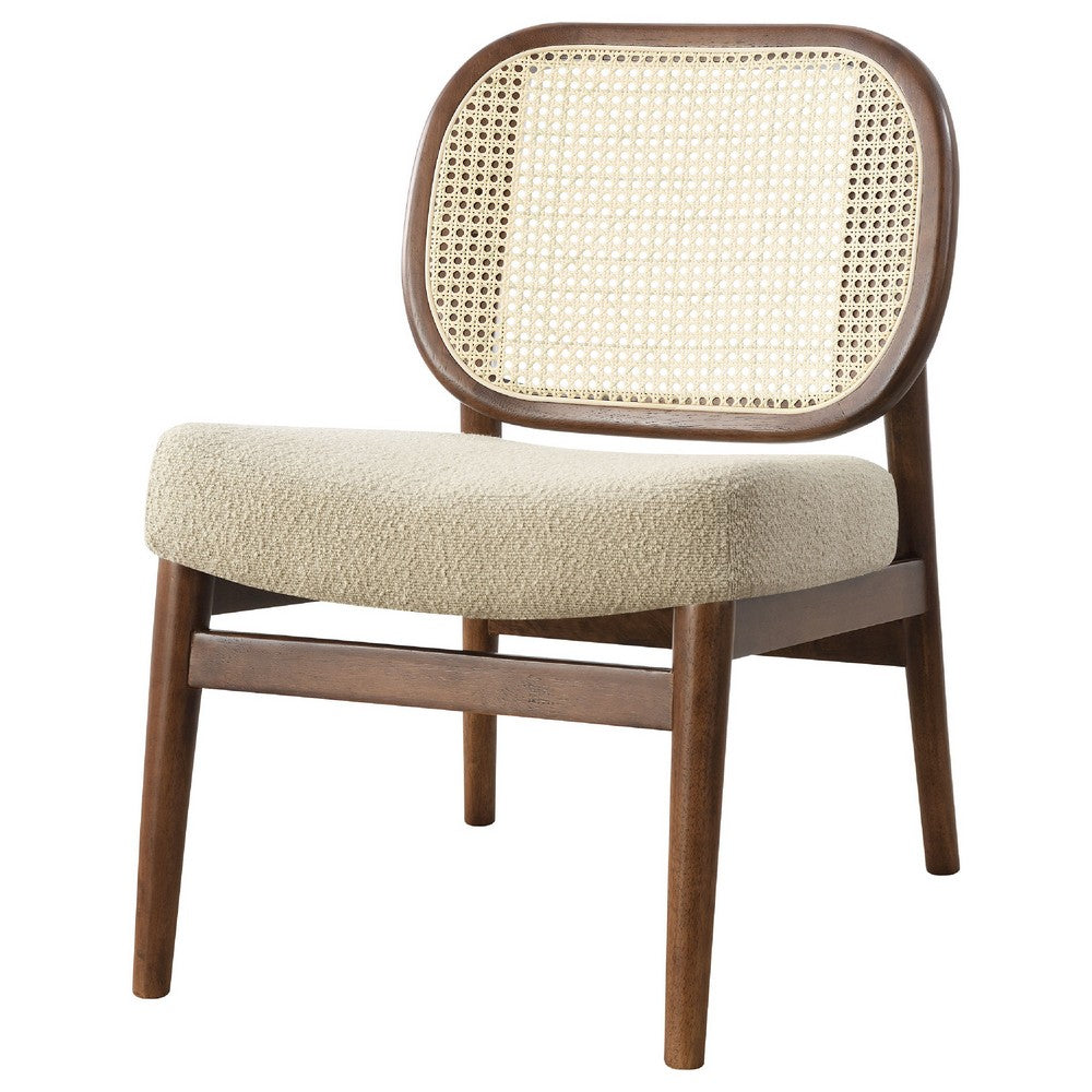 Benjara Necy Accent Chair, Rattan Cane Woven Back, Camel Brown Upholstered Seat