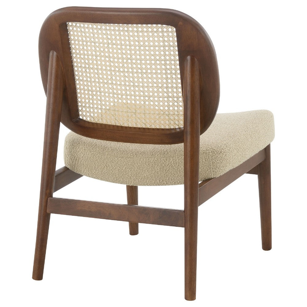 Benjara Necy Accent Chair, Rattan Cane Woven Back, Camel Brown Upholstered Seat